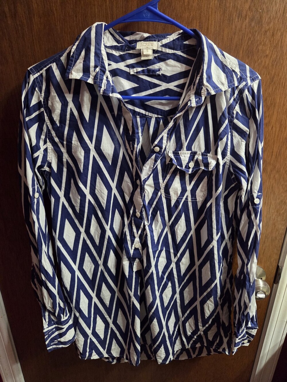 J. Crew Navy and White Geometric Button-Down Blouse Size Small